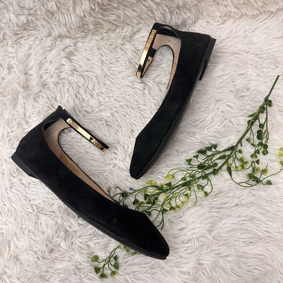 RED Saks Fifth Ave JAYLYNN Gold Band Ankle Strap Black Suede Ballet Flats sz 7.5 - Picture 1 of 11
